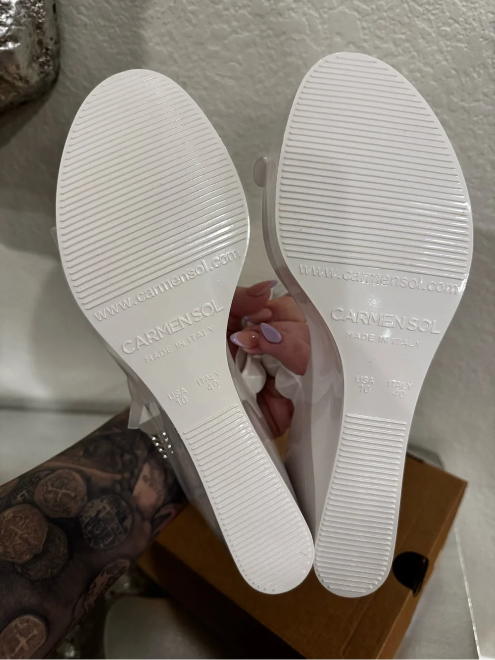 White Studded Patent Wedge Slide Sandals - Women's - Picture 3 of 9